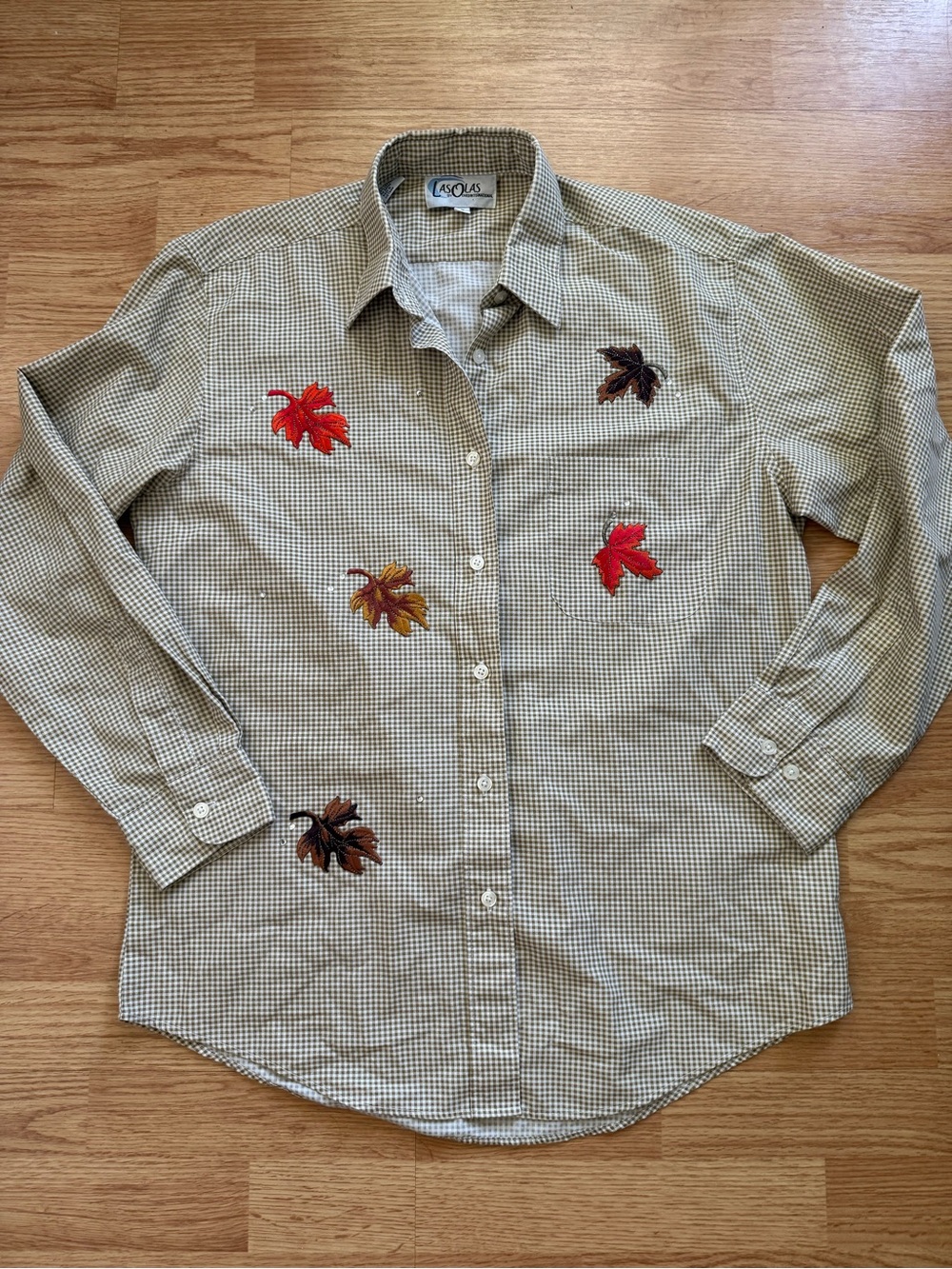 Vintage 90s Las Olas Gingham Leaf Embroidered Button Up Shirt Small Excellent
